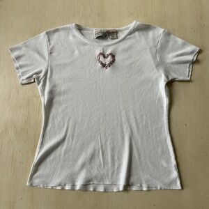 Vintage 90s Croquet Club Shirt Womens Large White Embroidered Heart Cotton Tee